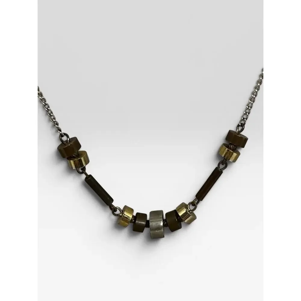 Vintage 80s 90s Industrial Tri-Tone Metal Necklace 15” Minimalist